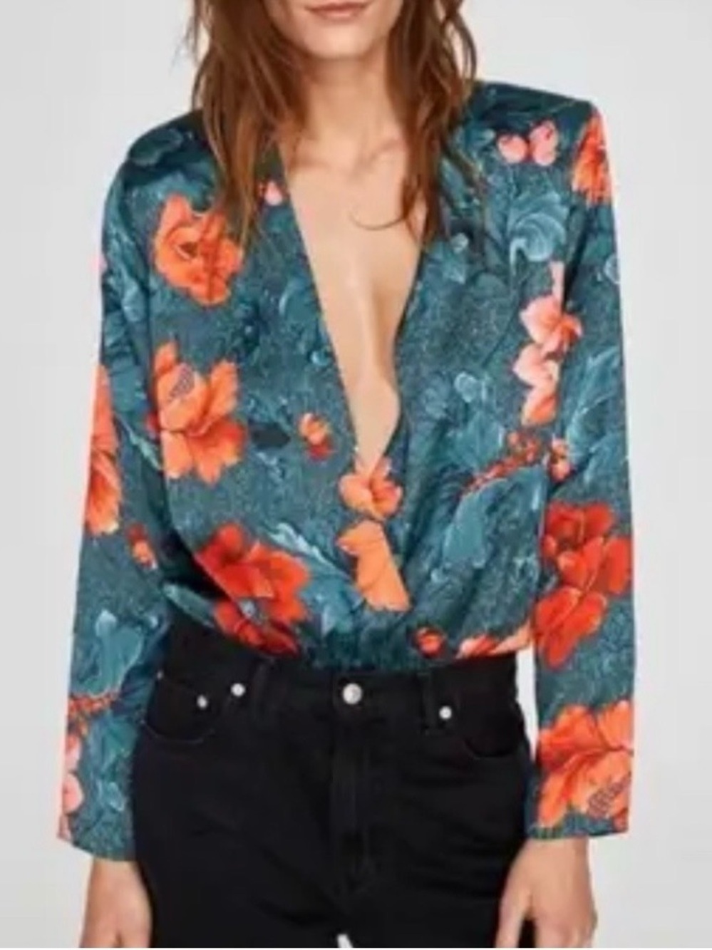 ZARA Teal Floral Wrap Bodysuit Small